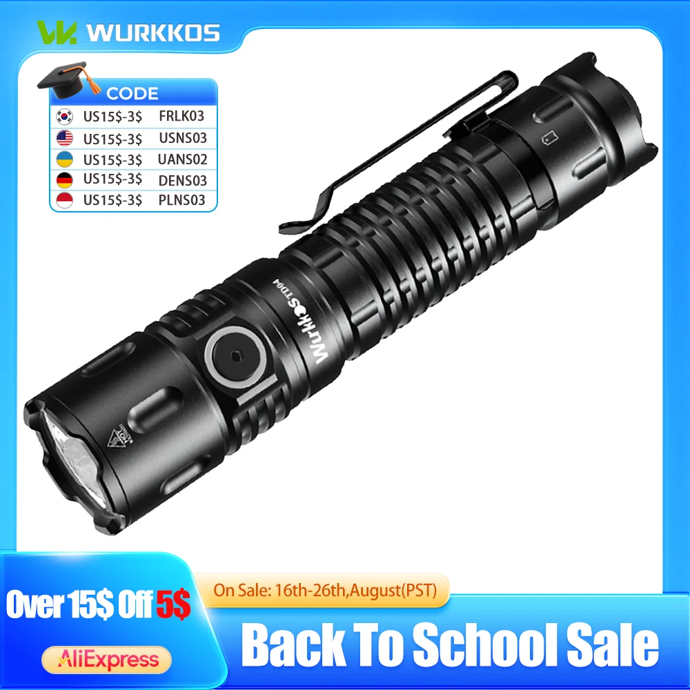 Wurkkos TD04 Taktische Selbstverteidigungstaschenlampe, tragbar, leistungsstark, 3000 LM, LED-Taschenlampe, wiederaufladbare Taschenlampe, XHP50D HI IP68