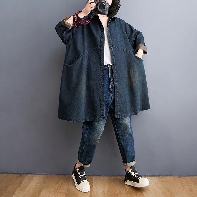 Jaqueta jeans casual solta estilo retro f plus size casaco versátil moda outono outerwear manga crida jaqueta gola ...