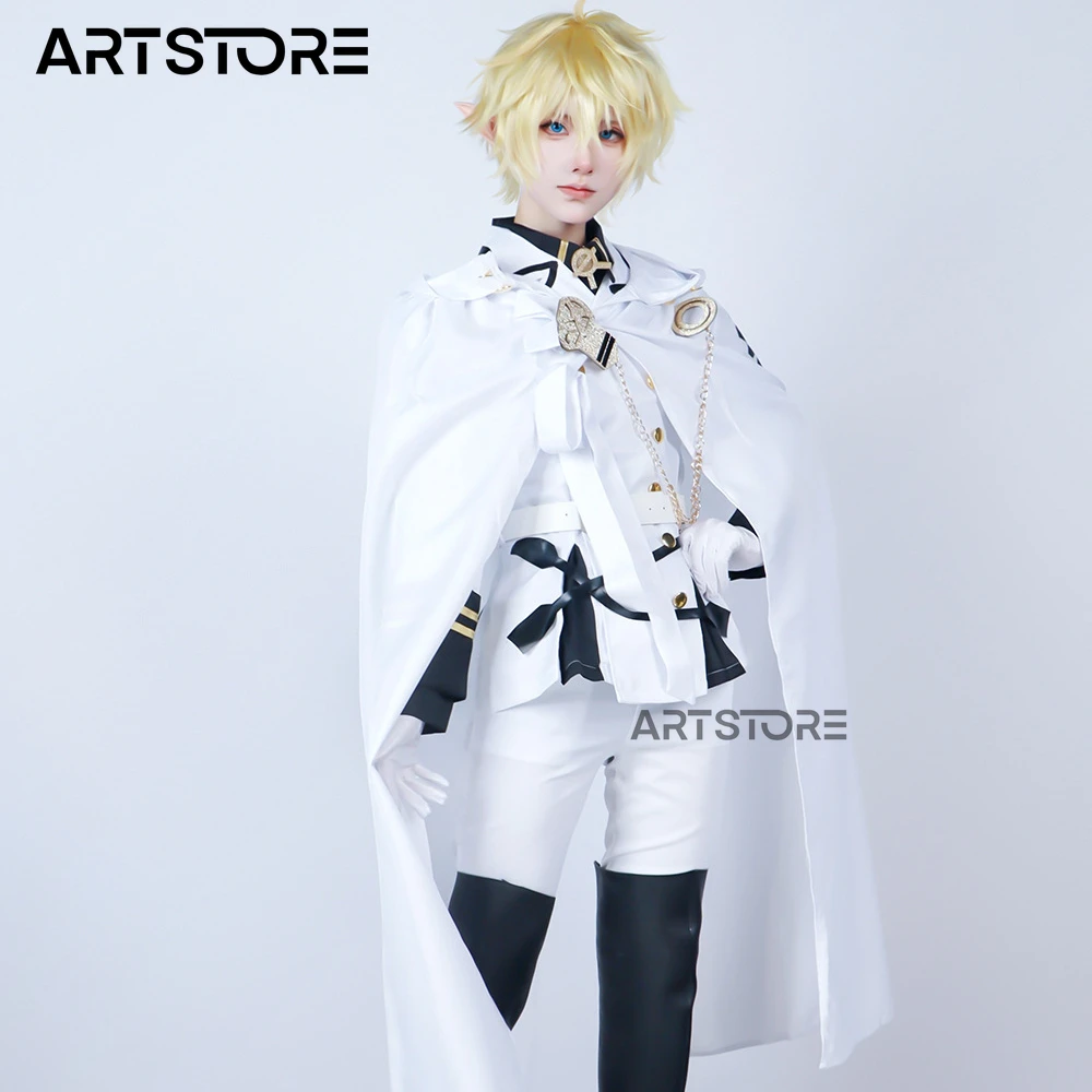 Mikaela Hyakuya Cosplay Anime Seraph of The End Cosplay Costume Halloween Party White Cloak Trench Coat Pants Gloves Wig Set