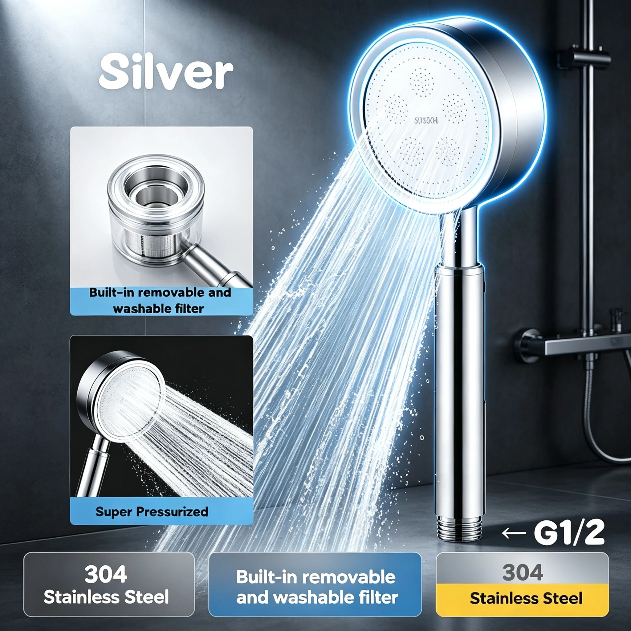 Supercharged SUS304 Stainless Steel Hand Shower Sprayer Water Saving Rainfall Handheld Shower Head for Bathroom Daily Shower