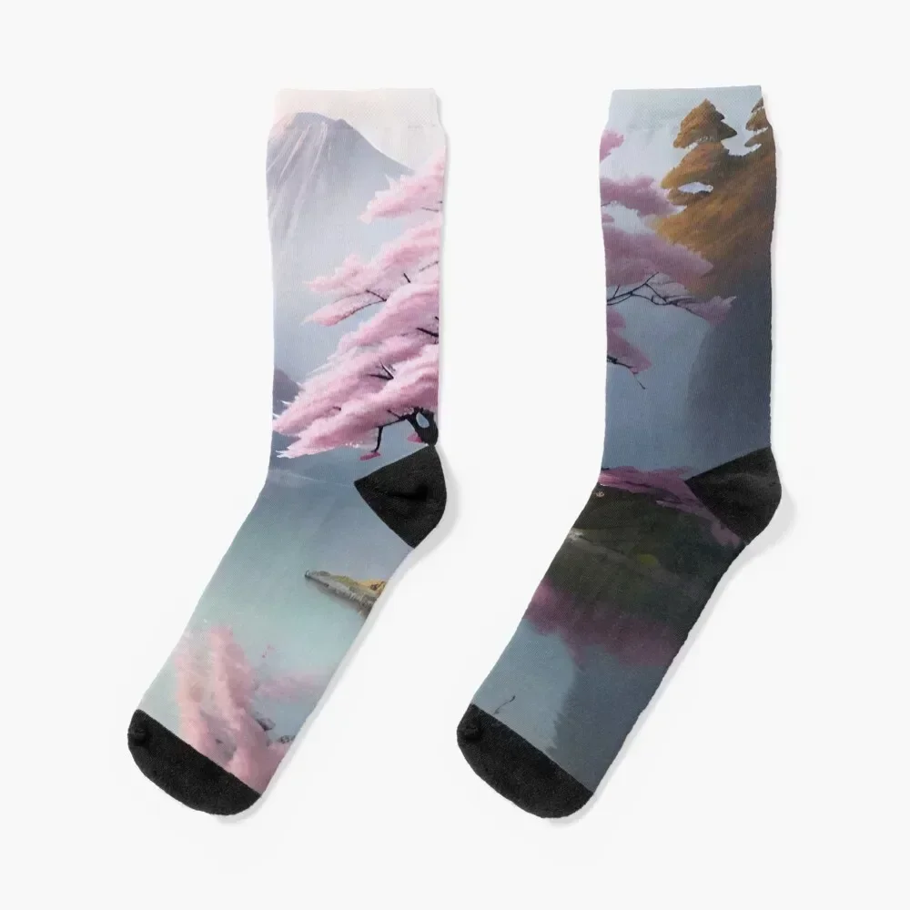 

Cherry Blossoms over the Lake Socks moving stockings with print funny sock anime Women's Socks Men's