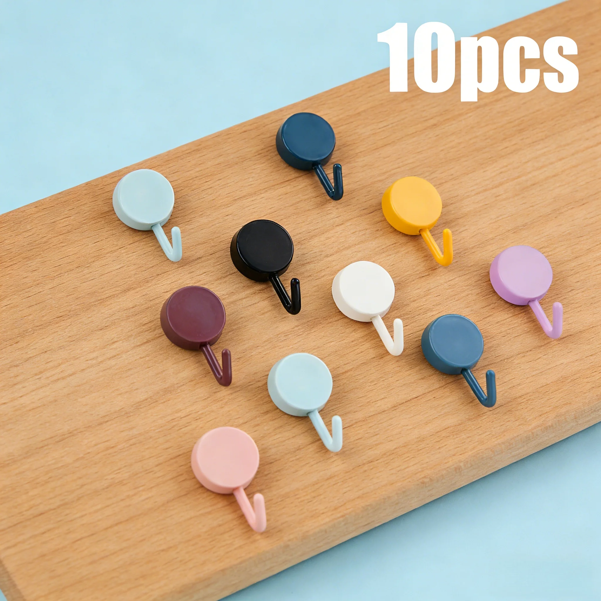 Ten mini adhesive hooks in assorted colors. Multi-purpose space-savers for organizing your space.