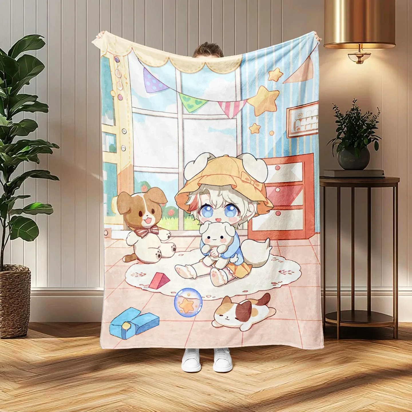 Kawaii Anime Style Throw Blanket, Cute Q‑Version Boy With Pets, Summer Sunflower Beach Girl, Fantasy Winged Lolita Maid Girl Sof