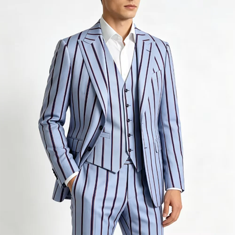 Mens Light Blue Stripe 3 Pieces Suit Blazer Vest Pants Set Formal Wedding Groom Business Party Gentleman Tailored Customized