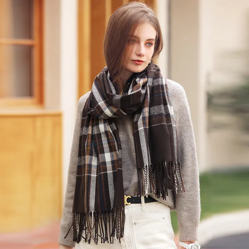 Bufanda de Cachemira de imitación para mujer, chal a cuadros de borla de invierno, bufanda cálida gruesa de longitud media