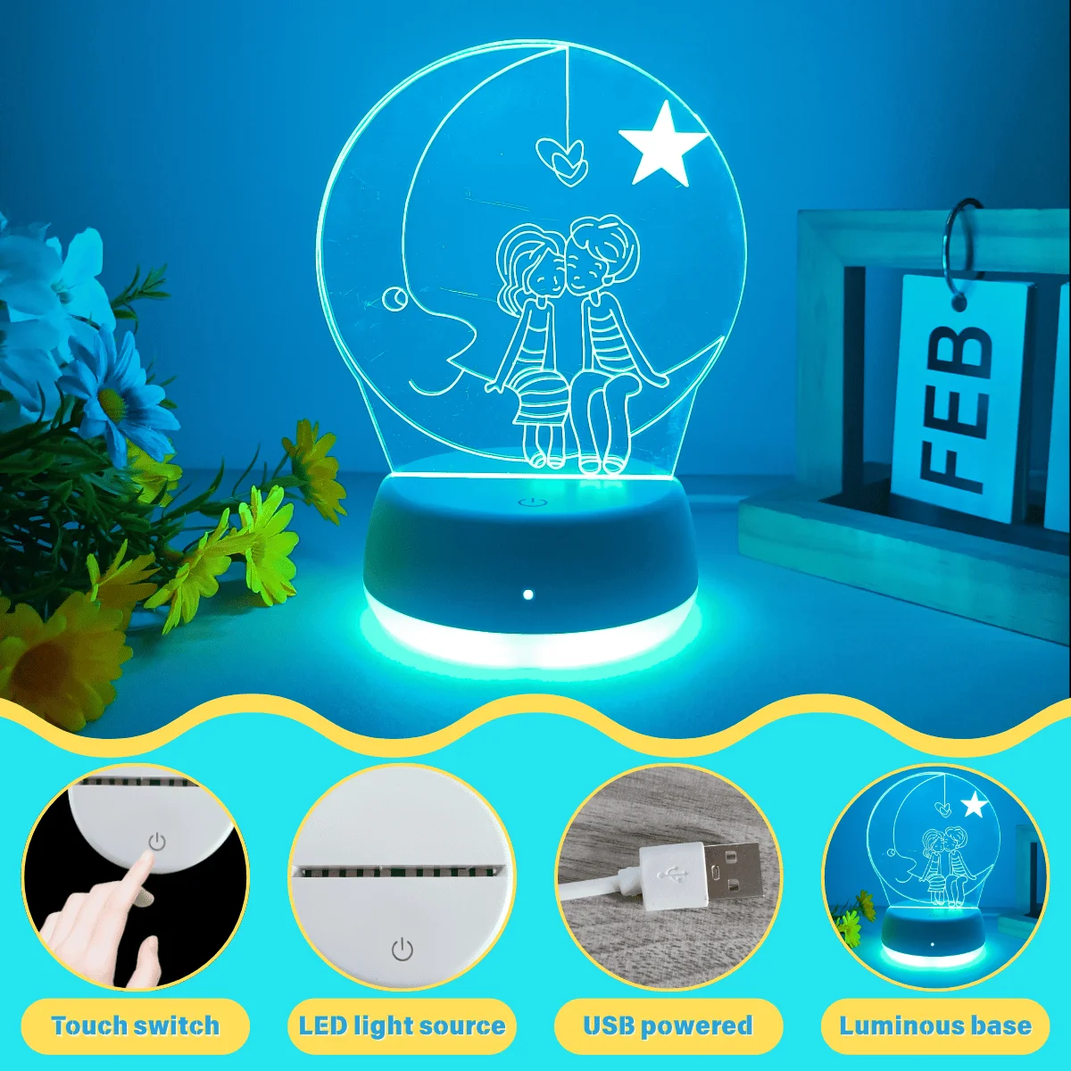 1pc Moon Lover 3D Night Light, USB Powered Night Light, Suitable for Multiple Scenarios, Touch Switch with Seven Color Change