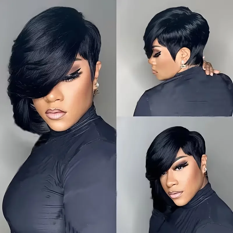 Pixie Cut Wig for Women with Bangs 8 Inch Human Hair with Long Side Part Bangs Machine Made 180% Density Suitable for All Elegant Style Wig Straight Pixie Cut Layered Wigs with Bangs for Daily Wear
