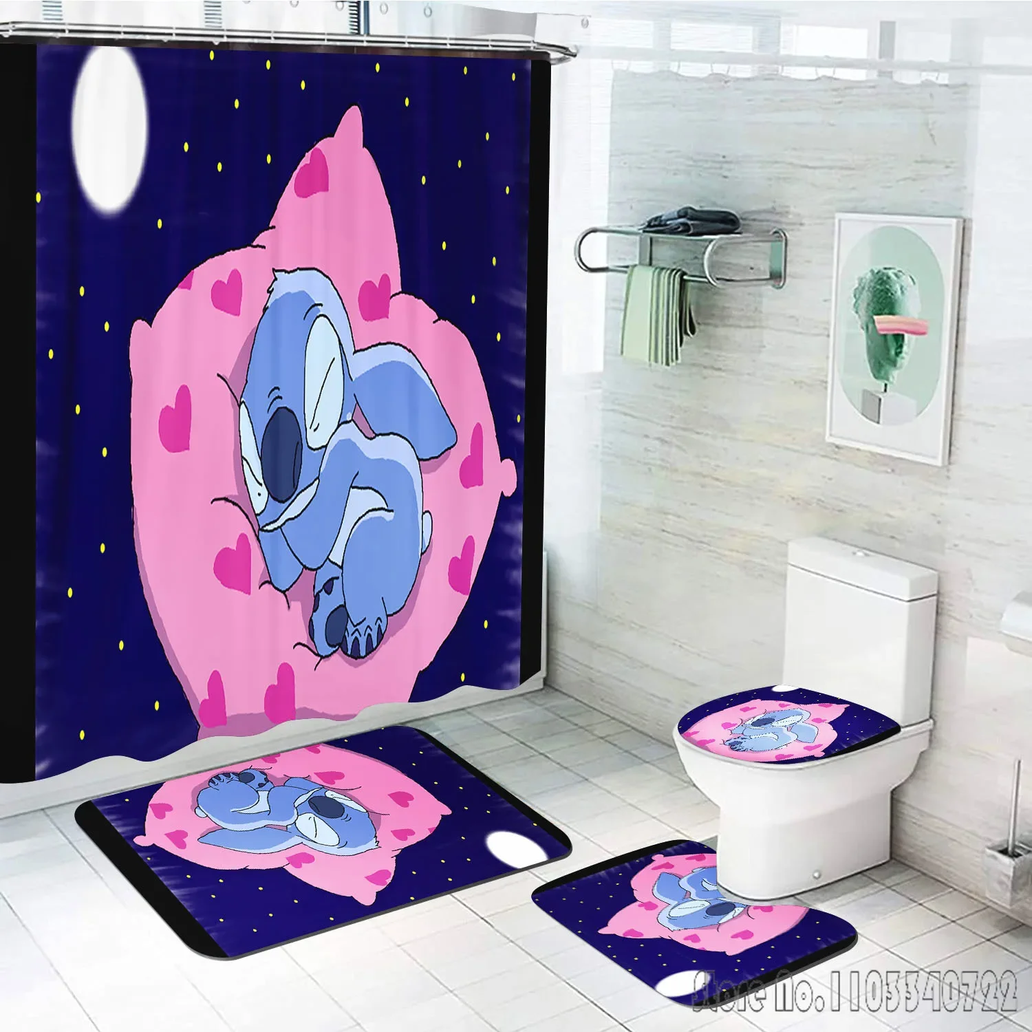 Disney Stitch Anime Bath Shower Curtain Set 4pcs with Hooks Waterproof Bathroom Toilet Mat Lid Decor