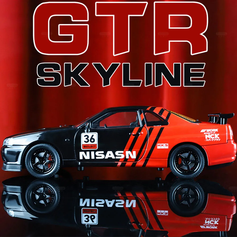 1:24 Nissan GTR Skyline Sports Car Model Toys Alloy Diecast Sound Light with Pull Back Ornament Toy Vehicle Gift for Children