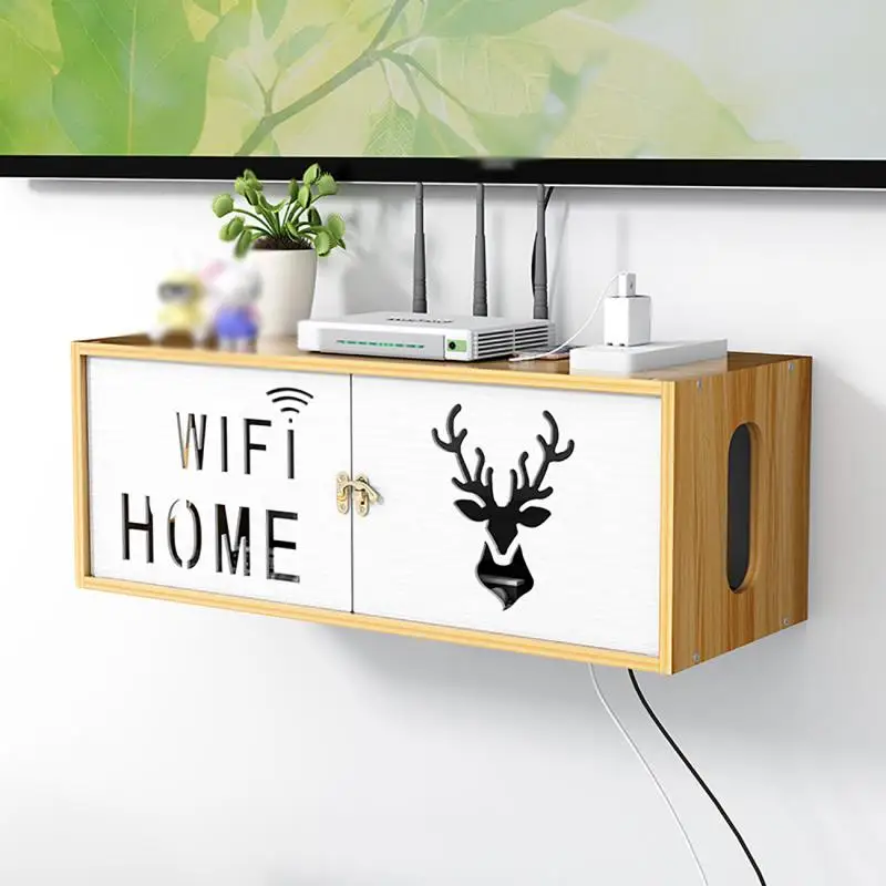 

Wooden Box Wifi Router Storage Box TV Hollow Design Cabinet Wall Storage Box Wire Socket Storage Box No-punch Installation