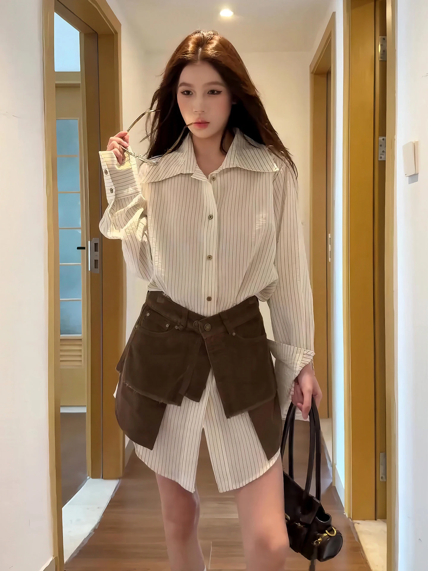 plus Size Women's Shirt Dress Set Striped Midi Dress with Waist Belt Layering Autumn Fashion Outfit High Waist Trousers