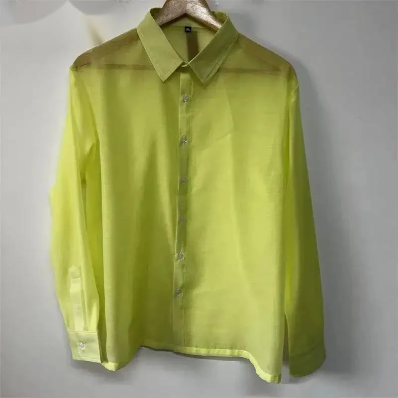 Organza Simple Trendy Men's Shirt Loose-fitting Versatile Long Sleeve Laple Single-breasted Casual Male Shirts DV47
