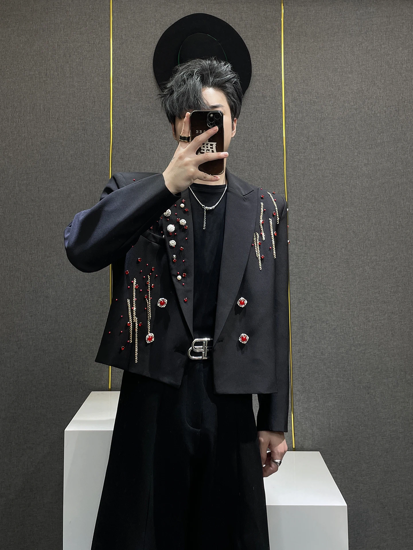 

Bla Double-breasted Chain-embellied Diamond Jaet by Deer Heavy Industry Faionable Urban Men's Suit Outerwear