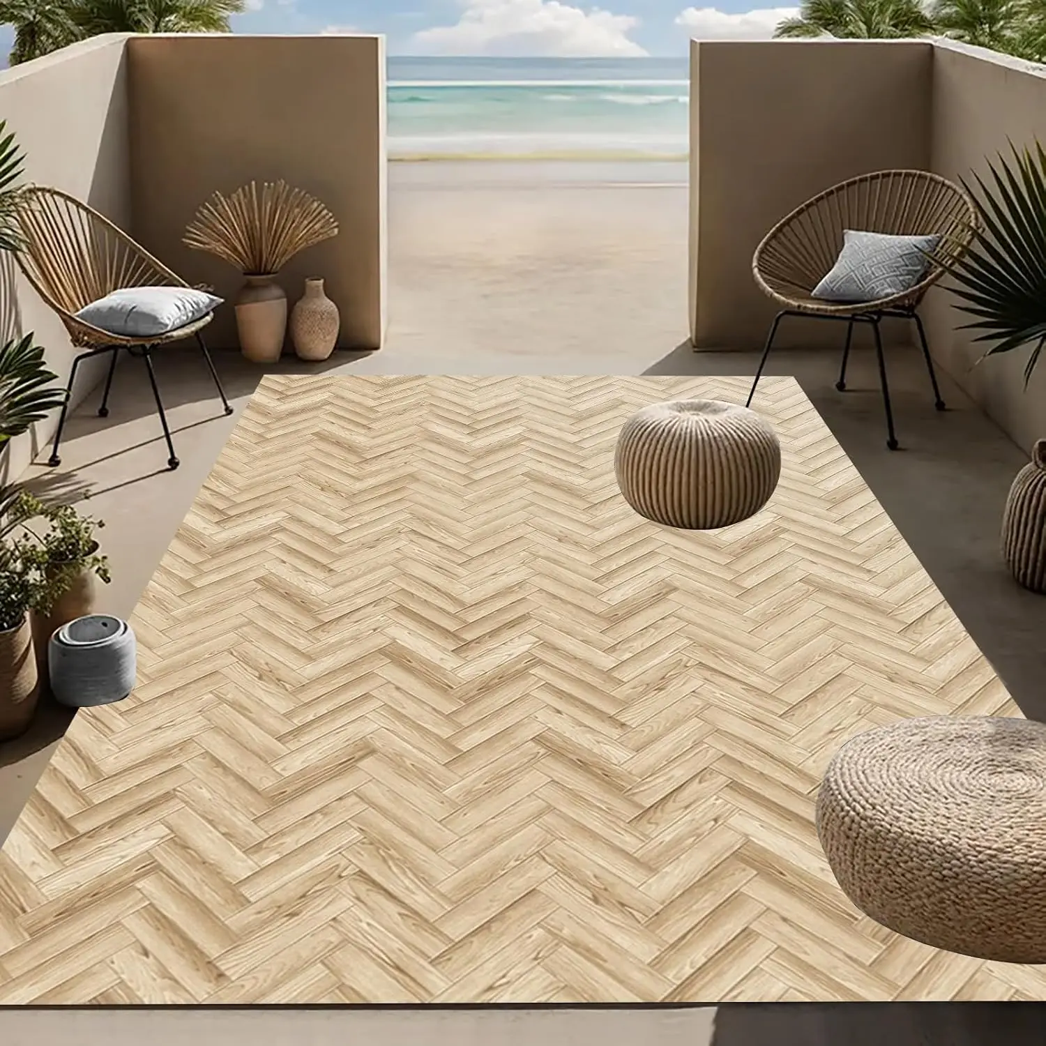 Courtyard Outdoor Rug 4x6 Natural Rattan Outdoor Area Rug for Farmhouse Patio Balcony Porch Pool Garden Solid Woven Texture Larg