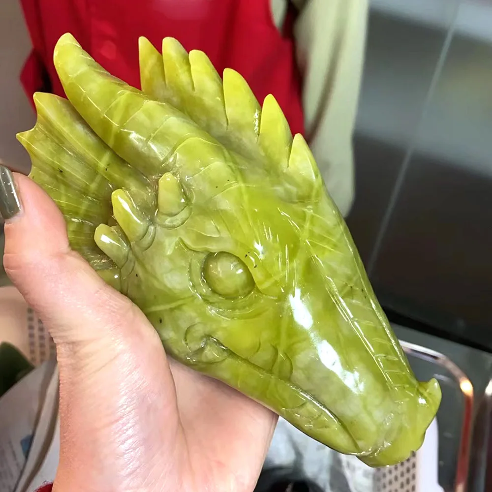 1Pc Crystal Dragon Skull Carving Green Nephrite Jade Dragon Head Ornaments Statue New Design For Collection Home Decor Fengshui