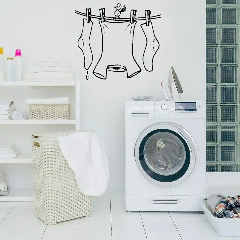 Laundry Room Decal Cute Clothes Line with Bird Vinyl Home Decor Laundry Washroom Bathroom Decals Laundry Shop Sign Stickers A993