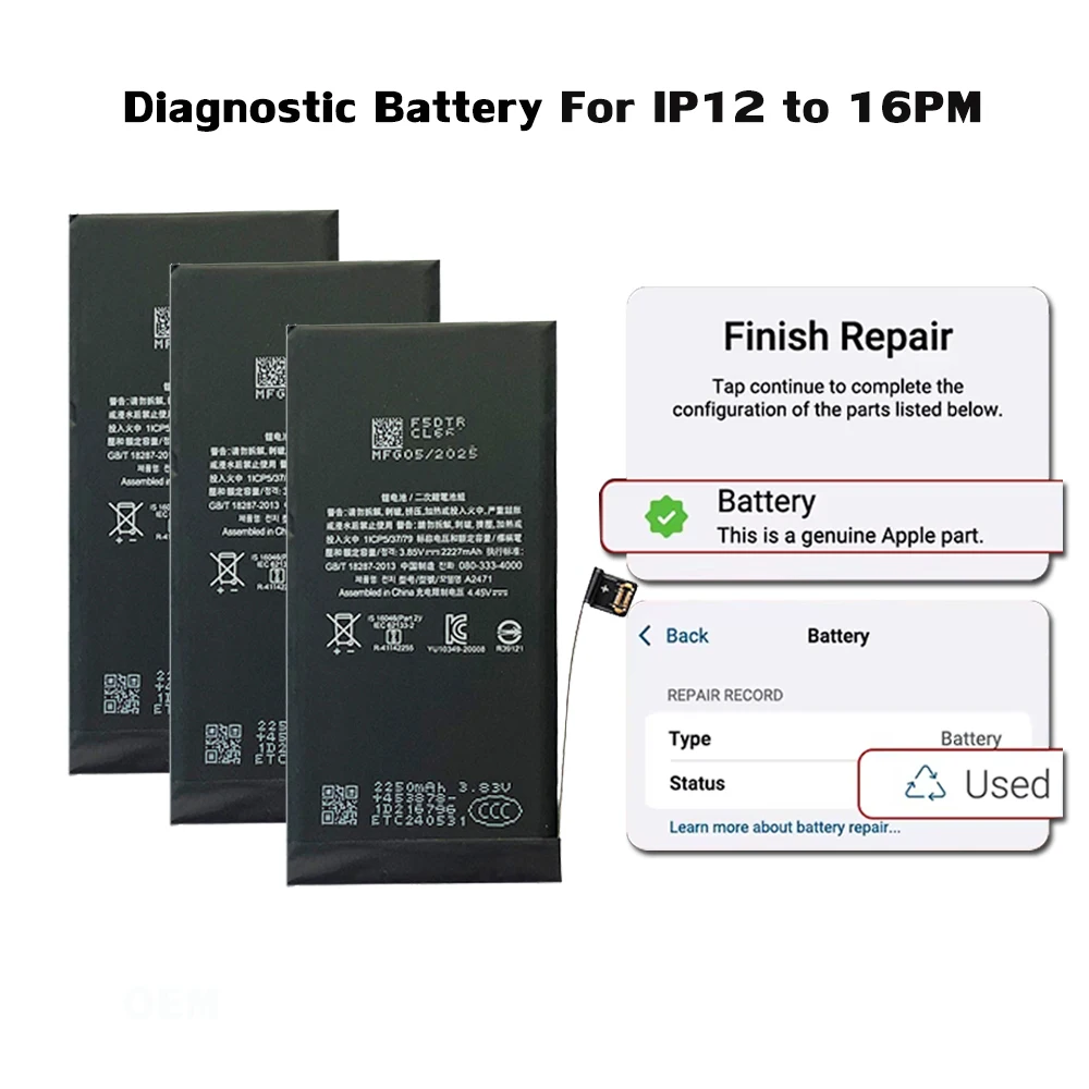 5Pcs/lot Diagnostic Battery For iPhone 12 to 15PM High Capacity Battery Shows Genuine Part No Need Older BMS No Pop Up Message