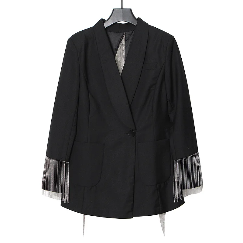 Sexy Club Women Tassel blazer jacket Spring Summer Black Fashion Split design Hollow out Coat Loose Ladies 2022 New INKEO 1O277