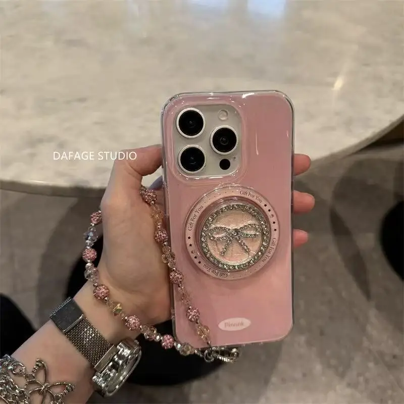 

Luxury Pink Cute 3D Love Heart Bow Magsafe Wireless Charge Phone Case For iPhone 13 14 15 16 Pro Max Pearl Bow Cartoon Holder