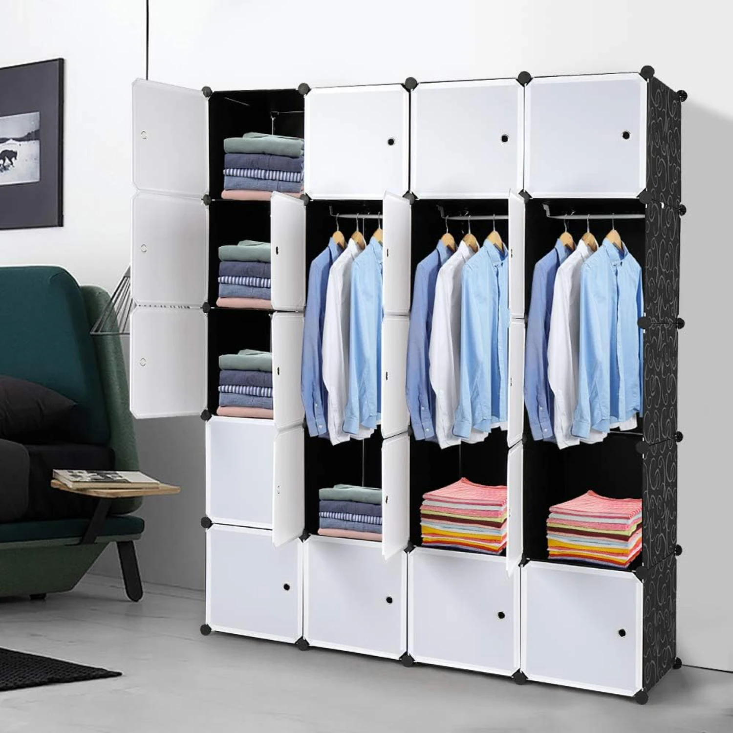 

Cube Organizer, Plastic Closet Cabinet, DIY Plastic Modular Book Unit, Cube Shelves with Doors and Hanging Rods, 20 Cubes Rack