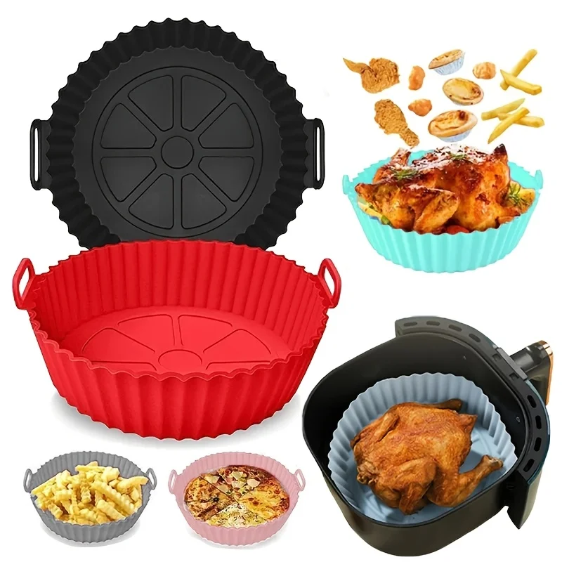Silikon-Heißluftfritteusen-Einsatz, lebensmittelecht, wiederverwendbar, rund, für BBQ, Grillplatten, Backform, Korb, Pfanne für die Küche