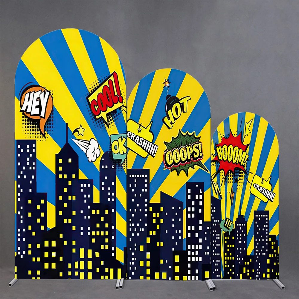 Mocsicka Art Comic City Arch Photography Background Cloth Blue Yellow Diagonal Stripe Backdrop Boy Birthday Party Shooting Decor