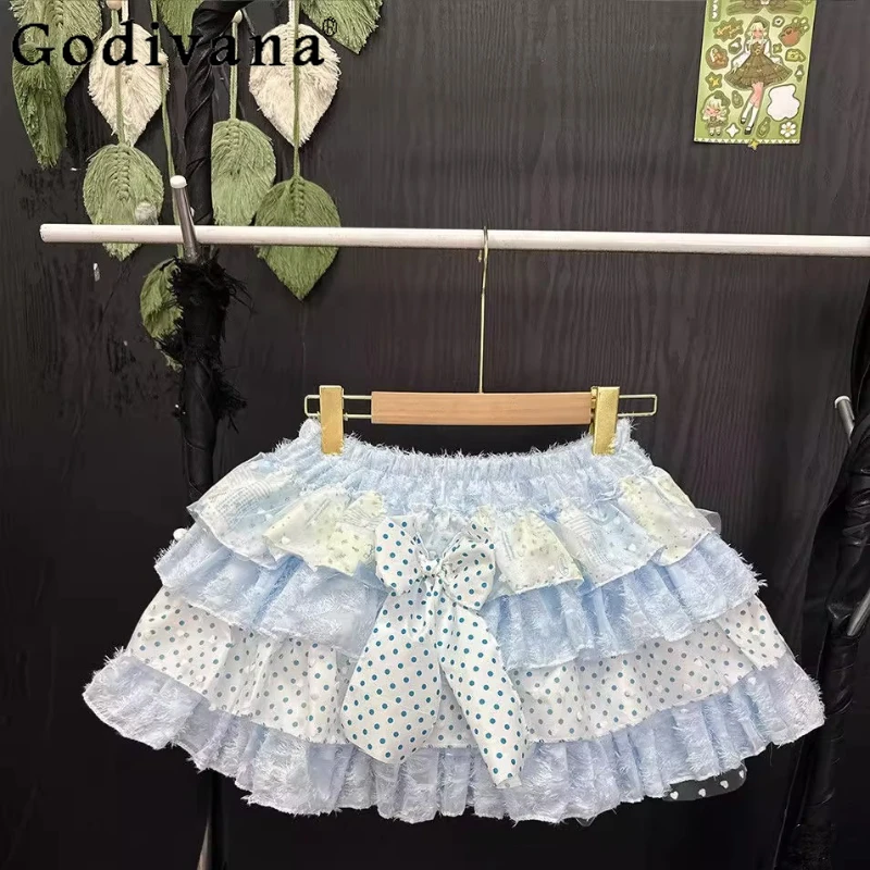 الأصلي الحلو الأزرق لوليتا تنورة المرأة الحب شبكة الدوبامين القوس رقيق كعكة تنورة السيدات عالية الخصر البولكا نقطة تنورة صغيرة