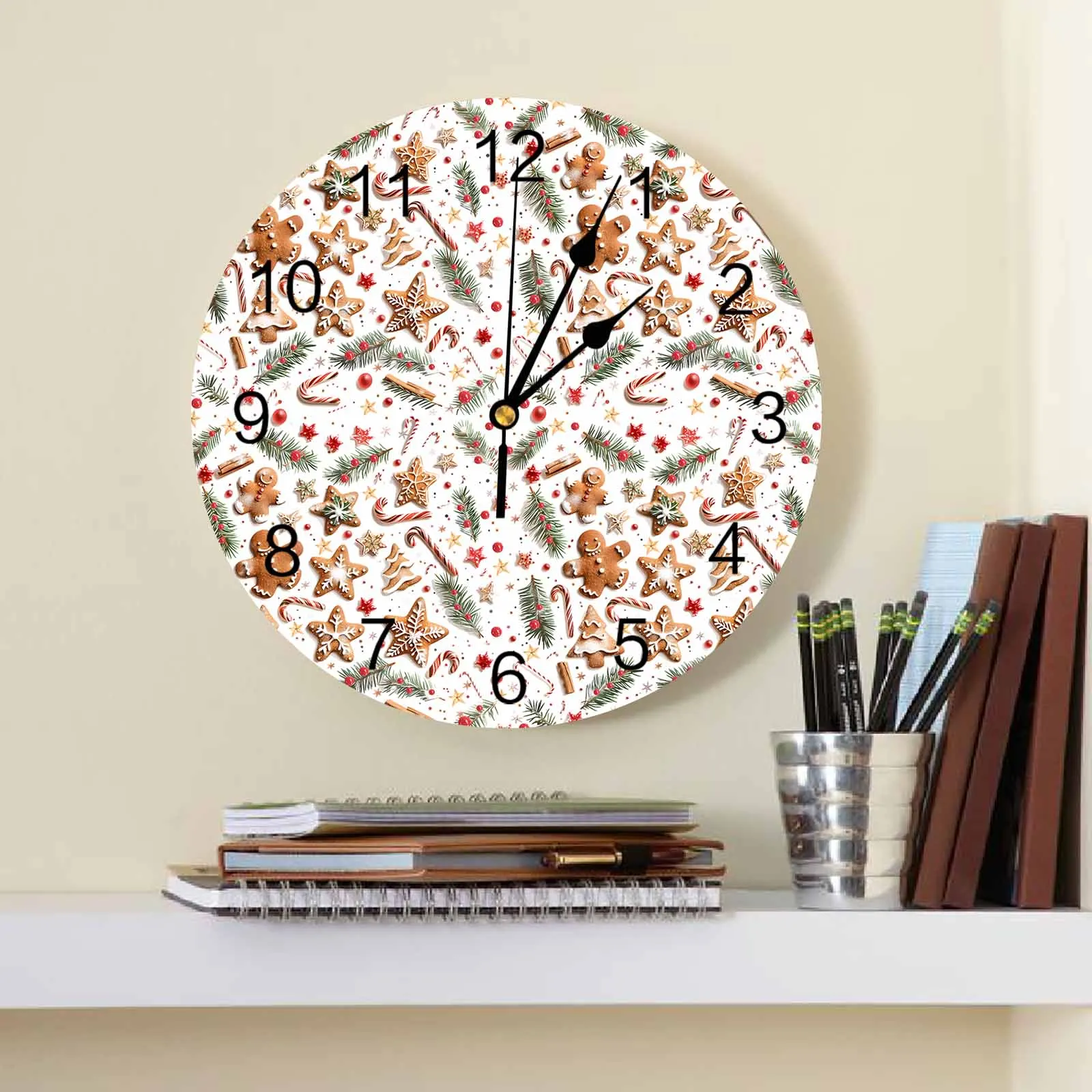 Christmas Berries Pine Needles Stars Wall Clock Large Modern Kitchen Dinning Round Wall Clocks Bedroom Silent Hanging Watch