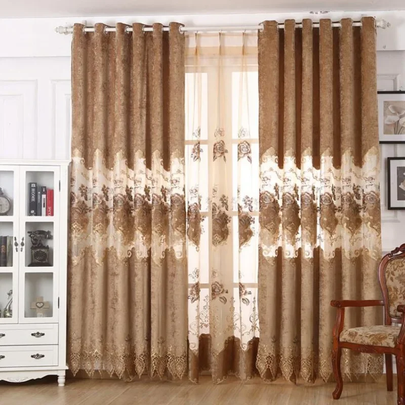 New Chinese Style Finished Fabric Curtains Chenille Semi Opaque Hollowed Out Embroidered Curtain Fabric Home Customized Curtains