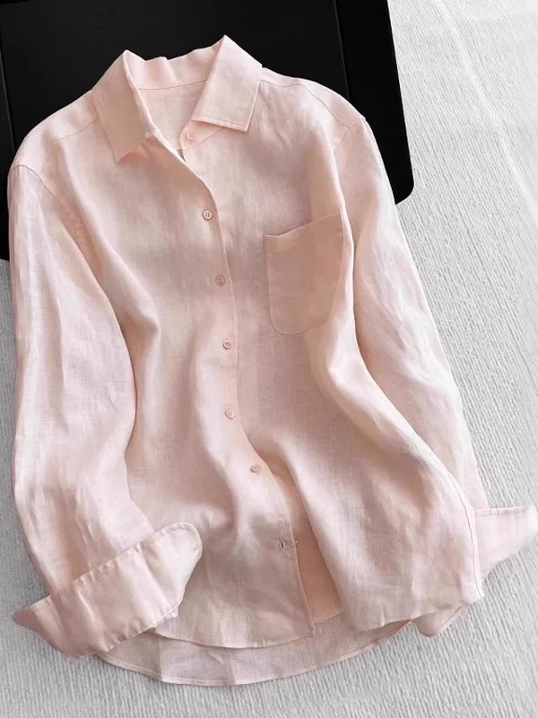 

Pink Linen Long Sve irt Women Summer Lightweight Breathable Loose Sun Protection Collar Button up Korean Sle Top