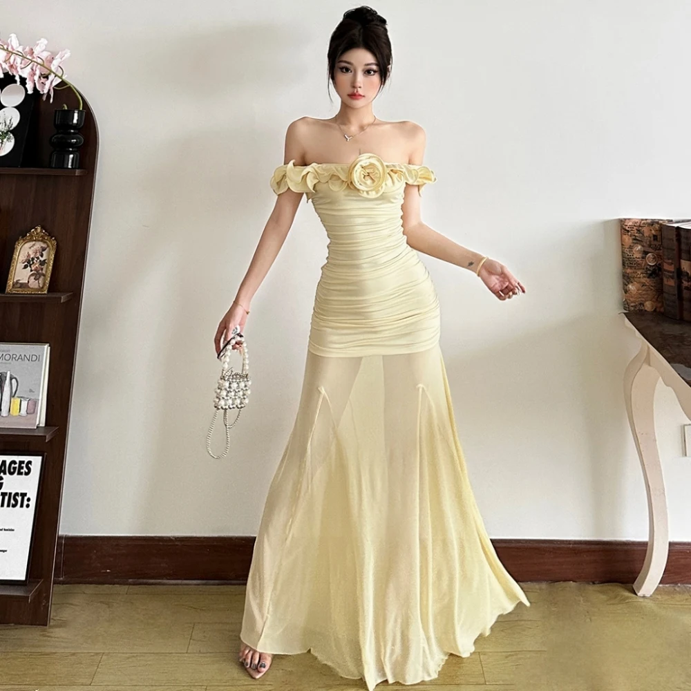 SylCue Slash Neck Skirt Suit 3D Flower Hip-Wrapped Dresses+Mesh Comfortable Breathable Skirts French Elegant Style Streetwear