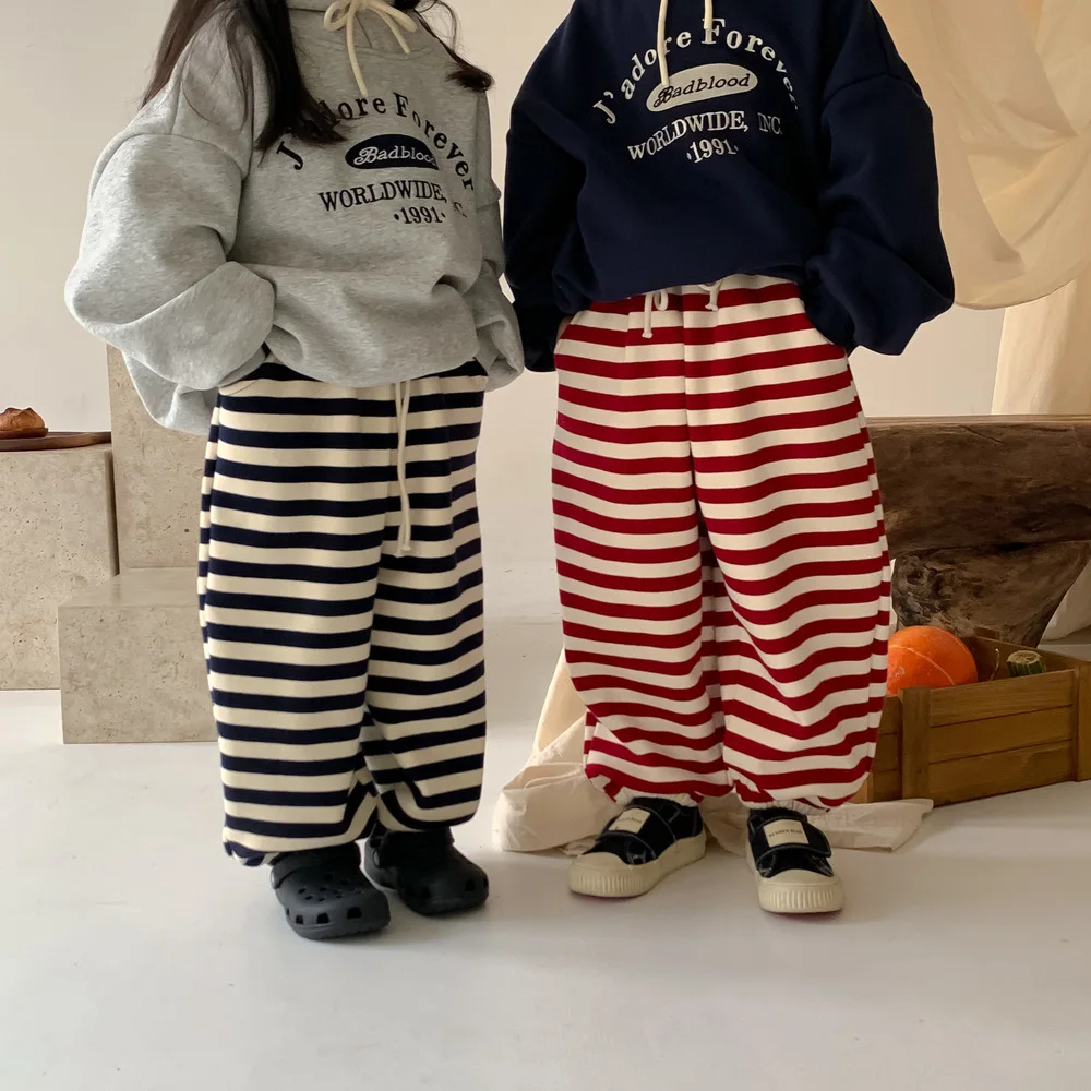 Children Pants 2024 Winter Children Casual Striped Thickened Sweatpants Boys and Girls with Loose Lace-up Integrated Velvet Pant