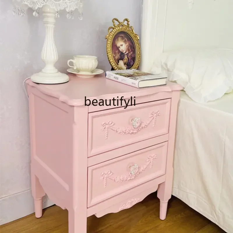 

14 French Carved Pink Princess Style Solid Wood Bedside Cabinet Chest of Drawers Korean Girl Heart Bedroom Locker storage cabine