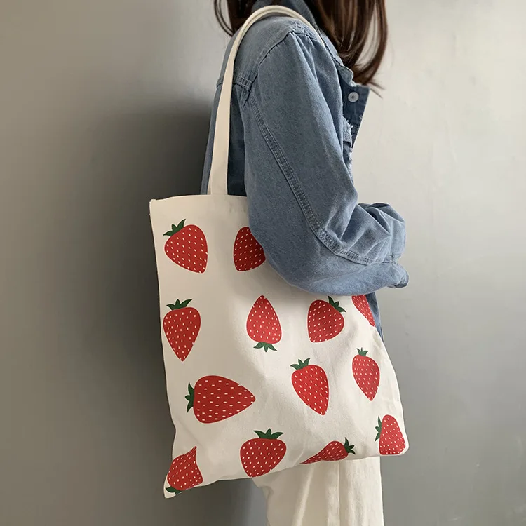 2024 New Strawberry Printed Canvas Bag Korean Version of College Student Shoulder Bag Large Capacity Canvas Bag