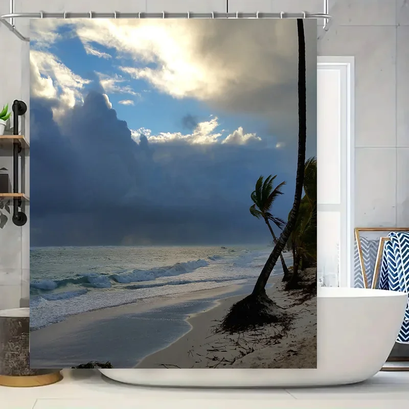 Cortina de chuveiro para fuga de praia, ondas do oceano costeiro, palmeiras, cena para decoração de banheiro com ganchos, azul, branco, cinza, cor combinando se