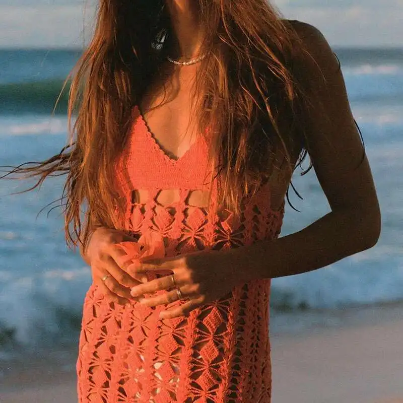 

Ladies Sexy V Neck Hollow Split Knitted Suspender Dress Crochet Solid Color Beach Bikini Cover Up Summer Slim One-Piece Swimsuit