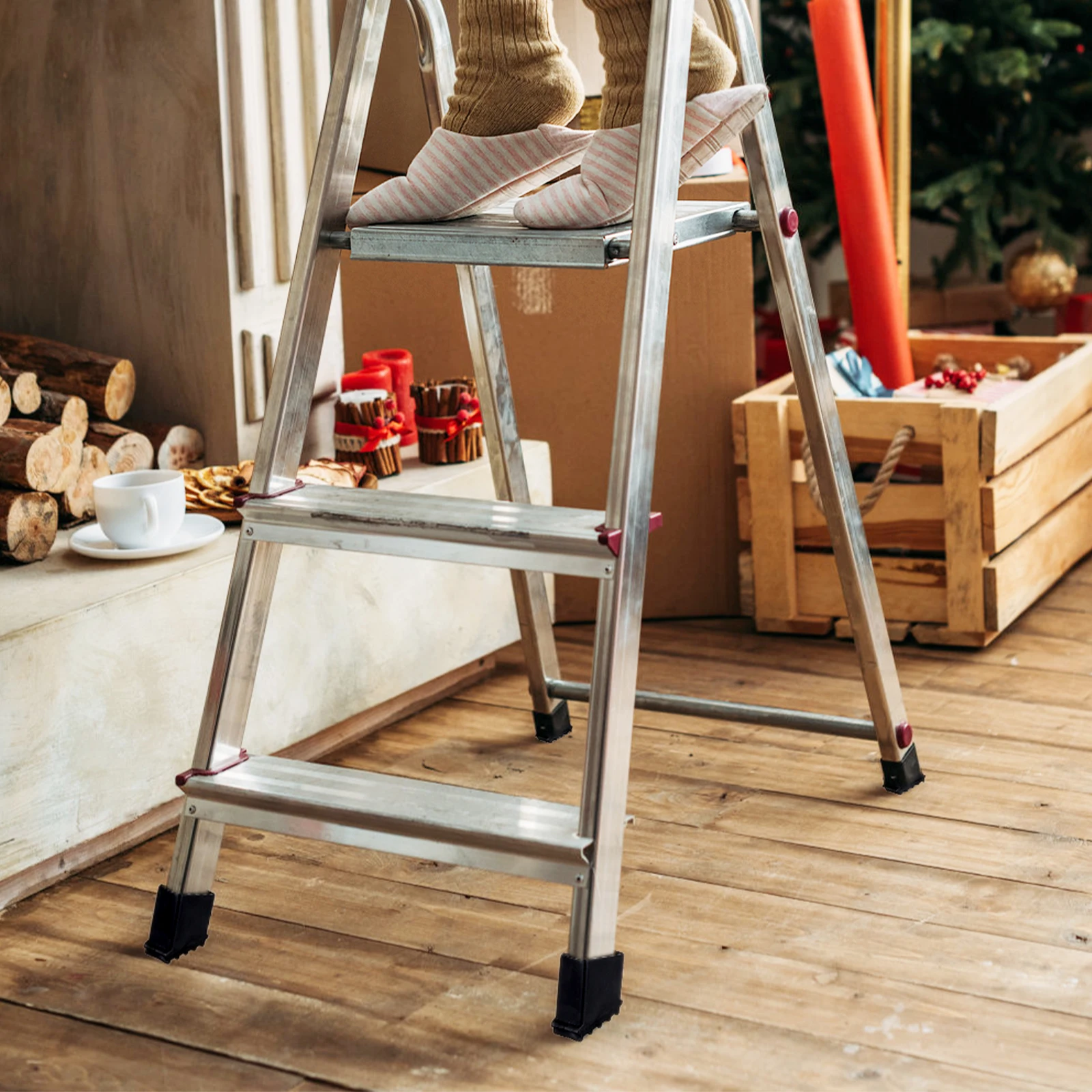 4 Pcs Non-slip Durable Rubber Feet Cover Step Ladder Foot Mat Replacement Black Thick Foldable Ladder Feet Protector Herringbone