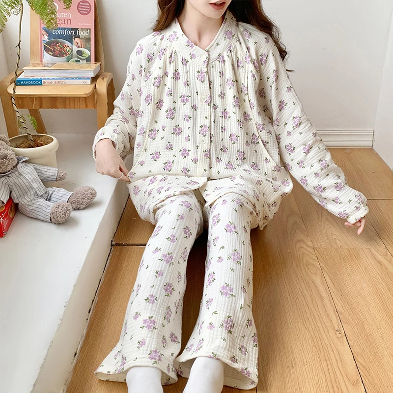 100% Cotton Double Gauze Maternity Nursing Sleepwear Set Breathable Loose Lacation Breastfeeding Pajamas Pregnancy Home Hospital