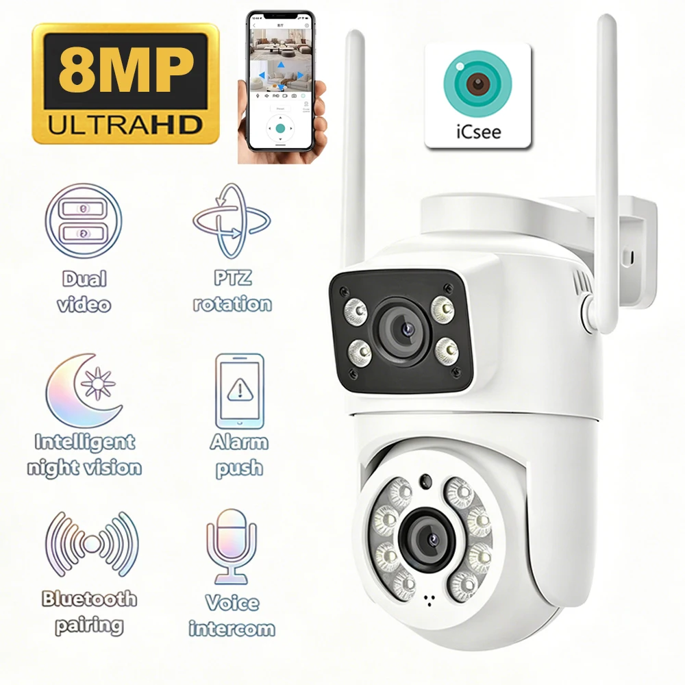 8MP Dual-Lens Dual-Screen Security Camera Outdoor Waterproof PTZ WiFi IP Cam Auto Tracking Two-Way Audio CCTV Surveillance ICSEE
