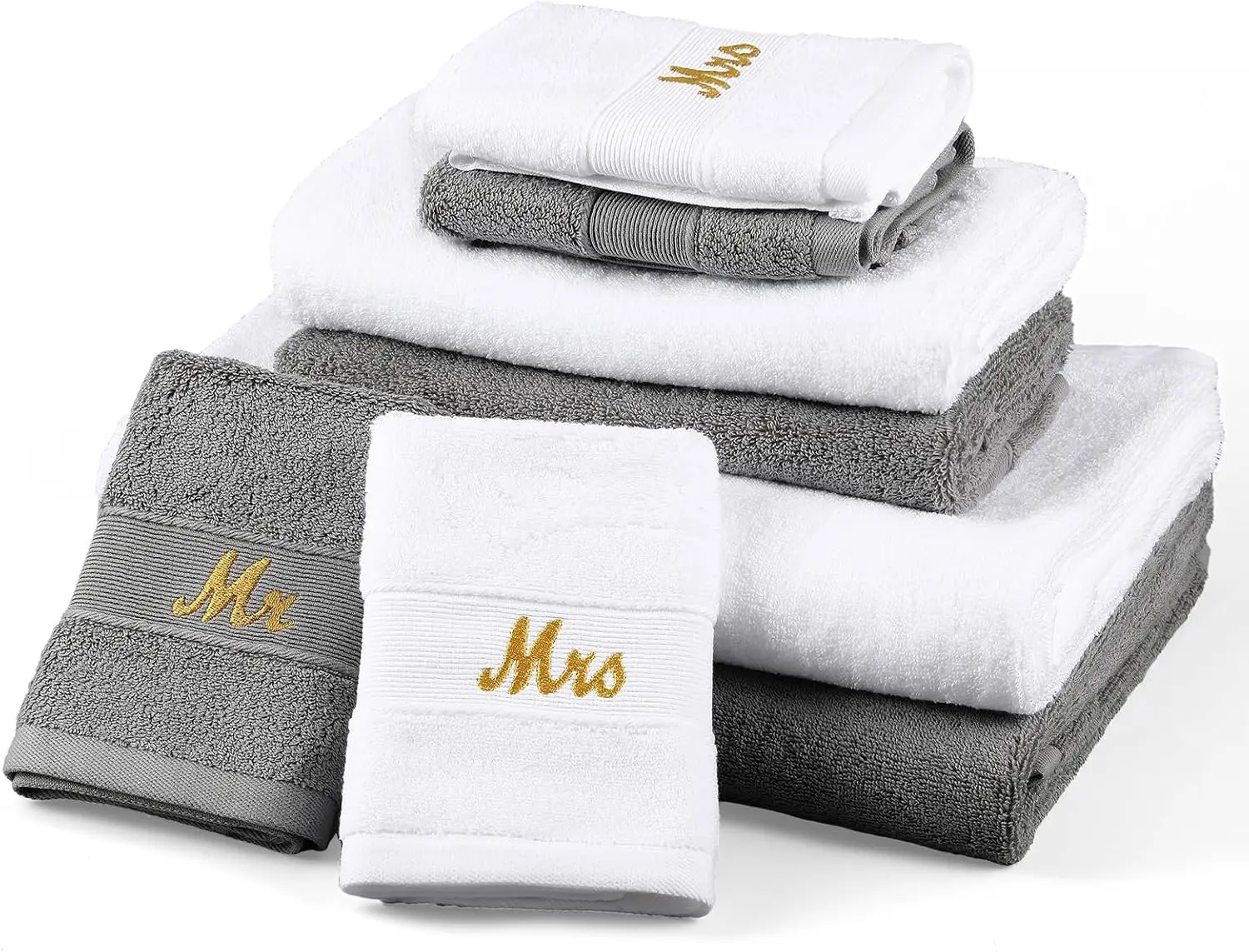 

6 Pcs Mr and Mrs Towel Set for Couples, Honeymoon Gifts, 100% Cotton Bathroom Towels in Gray and White