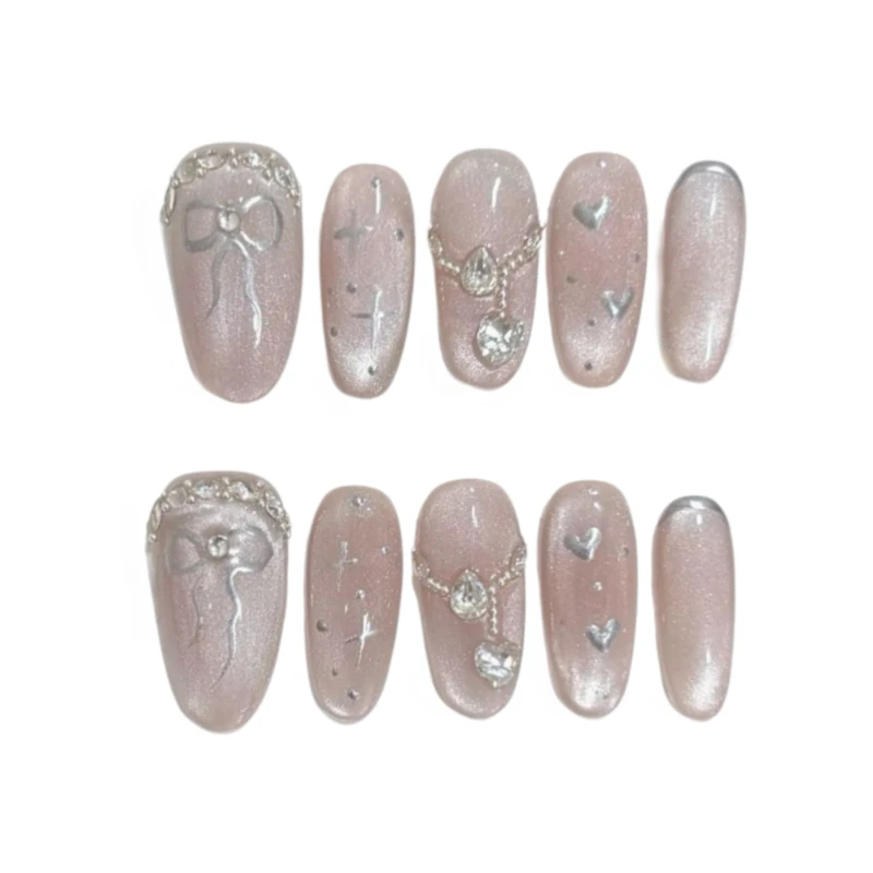 10 قطع الربيع بسيطة الحلو الأبيض ضوء القمر مزاجه القط العين اليدوية الصحافة على الأظافر القوس مجموعة الماس الأظافر كاذبة