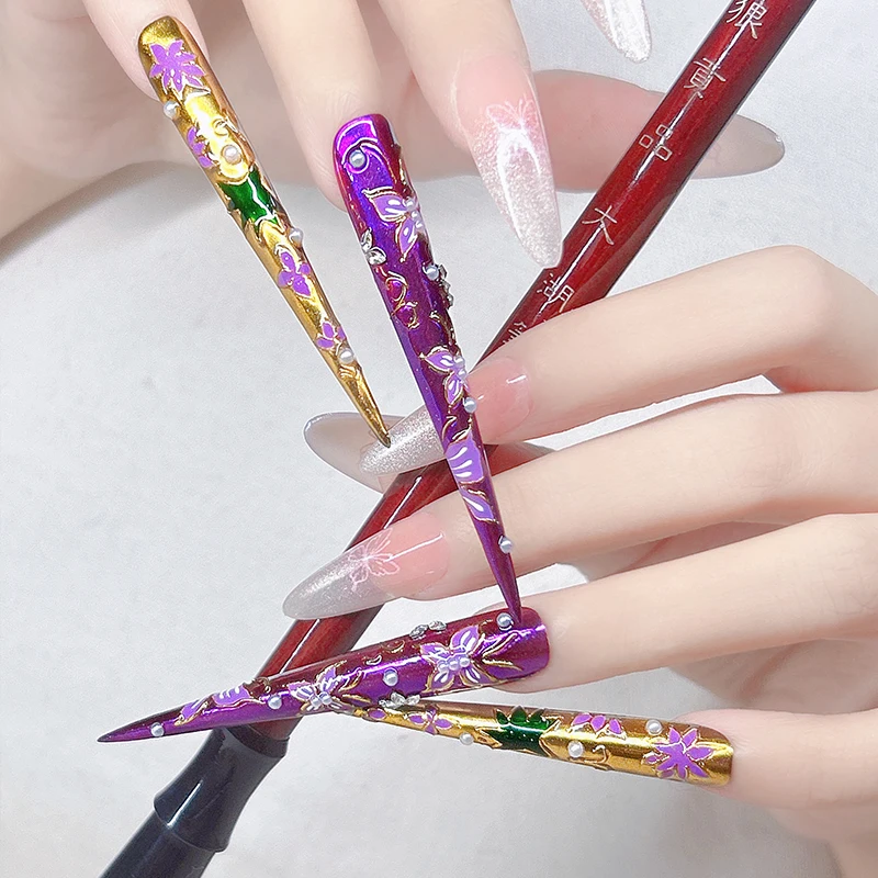 

14 шт. (4 длины + 10 коротких) Набор для ногтей Littini с цветочным принтом и металлическим рисунком ручной работы, блестящие яркие наборы для особых случаев (лучше, чем) Популярные наборы