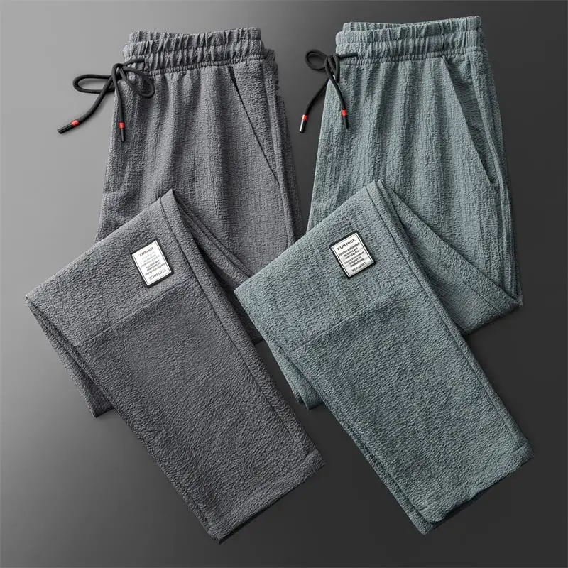 

Повседневные мужские летние тонкие дышащие спортивные спортивные штаны из ледяного шелка, свободные прямые длинные брюки для подростков, удобная посадка