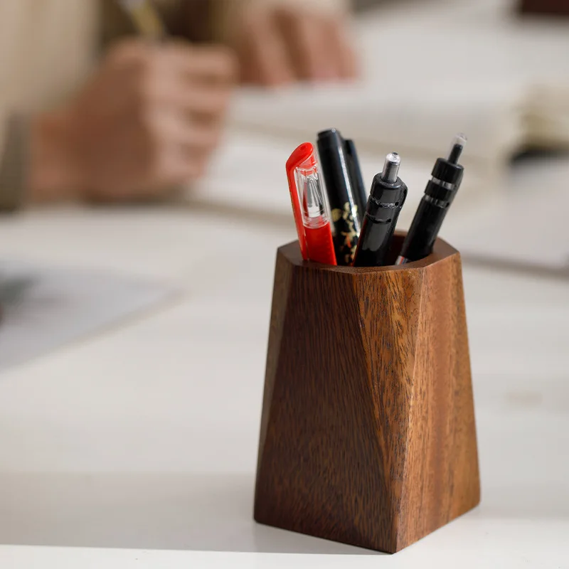 Walnut Wood Pen Holder Creative Solid Wood Storage Box Office Desk Decoration Pen Holder Walnut Wood Feel Light Luxury JJ1846