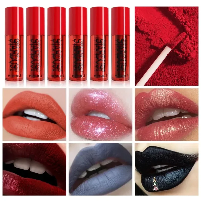 Halloween Gothic Lipstick Lip Powder Matte Velvet Black Dark Red Lip Gloss Non-stick Cup Lasting Shimmer Pigment Lip Tint Makeup