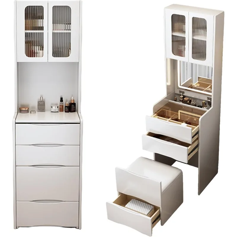 

Compact Vanity with Mirror and Lights, Vanity with Glass Top, Vanity Set with Stool Storage