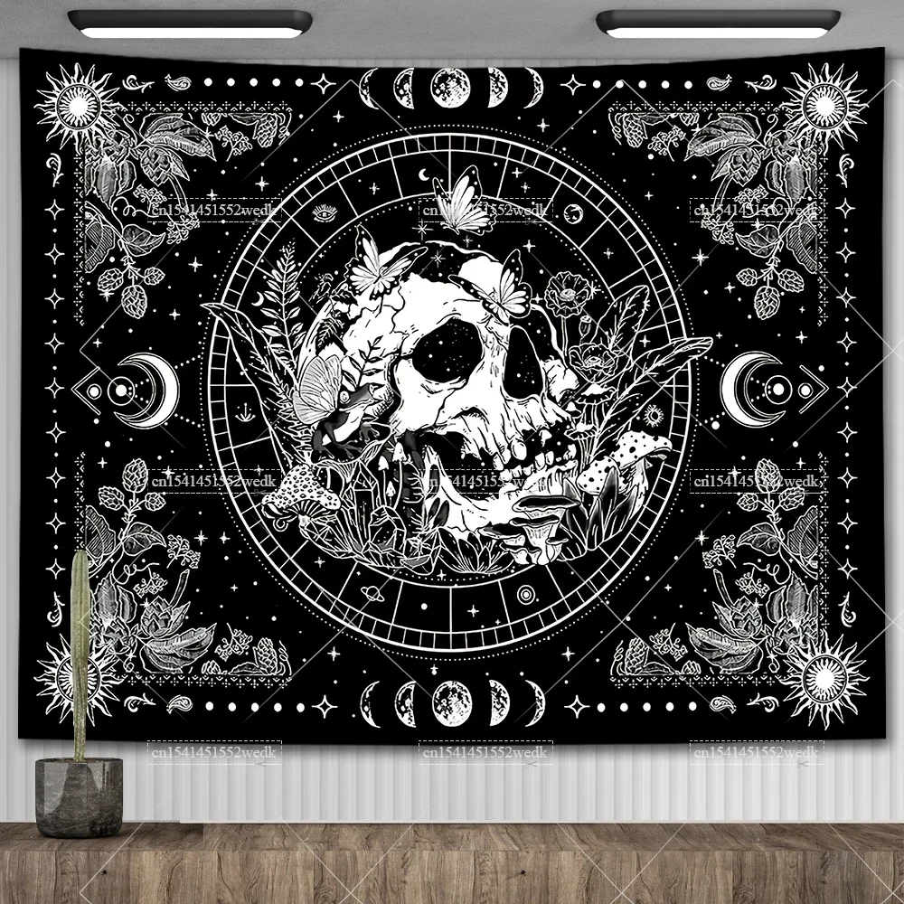 Black And White Skeleton Tapestry Skull Mushroom Tapestry Wall Hanging Aesthetic Plants Floral Flowers Tapestries For Bedroom