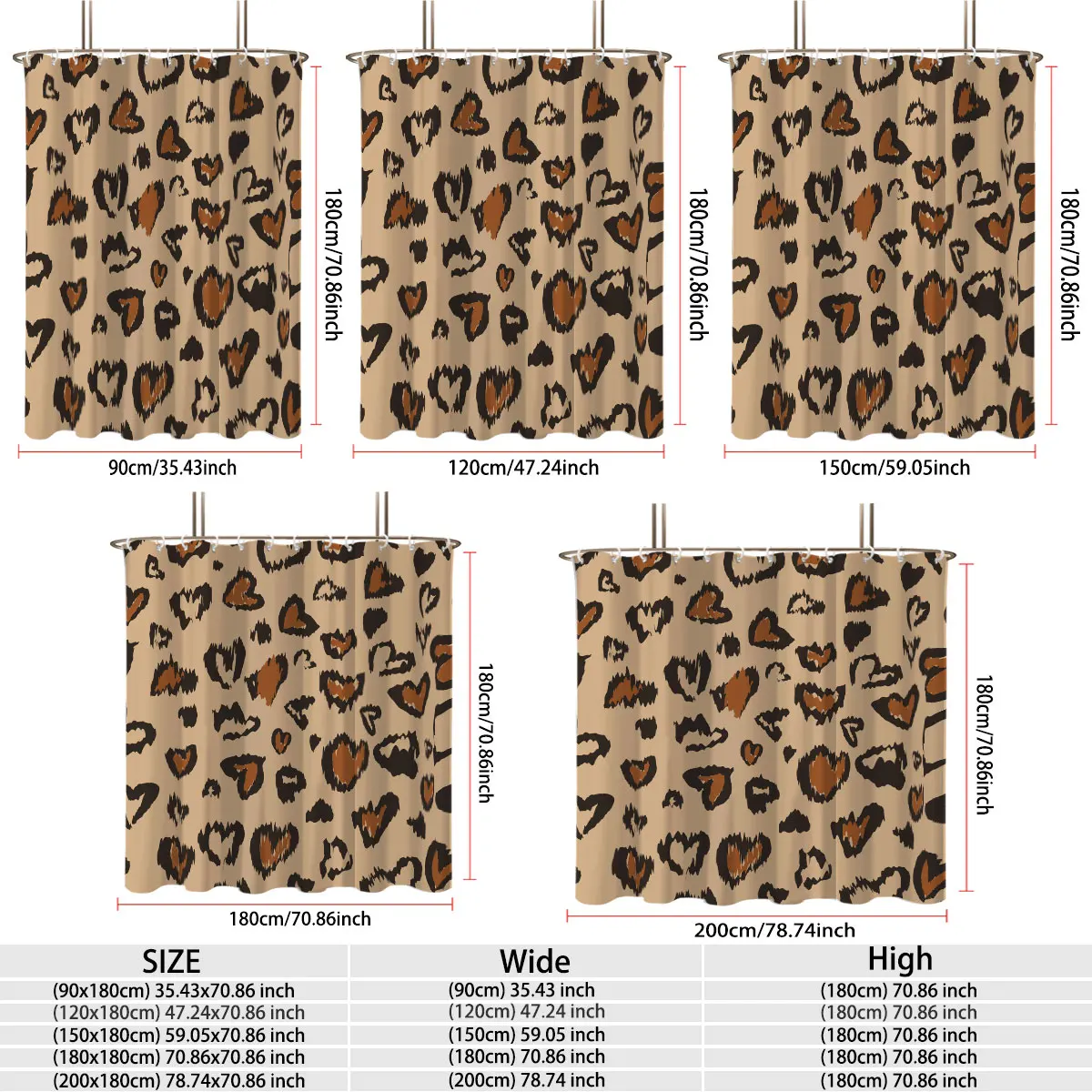 90g Waterproof Shower Curtain With Hooks,Classic Leopard Heart Print,Quick Dry Anti‑Mold Animal Print Home Bath Curtain