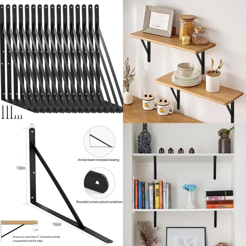 

Heavy-Duty Metal Shelf Brackets for L16xH10 Shelves, Black, 16-Pack, Strong Support Angle Brackets with Screws Included