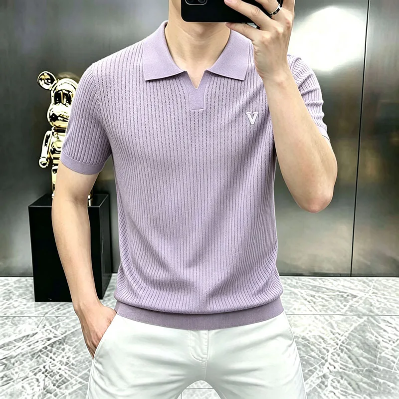 Seagull Collar Stretchy Men's Polo Shirts Short Sleeve Knitwear Summer Quality Viscose Polyamide Blend Exquisite Polos De Hombre